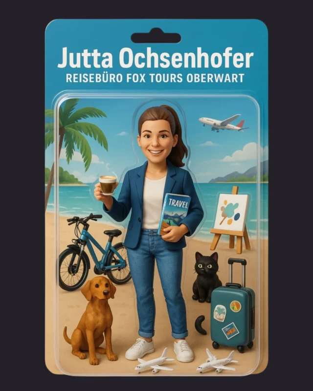 🎒✈️ Meet Travel-Jutta – jetzt auch als KI-Actionfigur! 😁
Kaffee in der einen Hand, eine Staffelei to go und natürlich dürfen Hunde, Katzen & die Reiselust nicht fehlen! 🐶🎨🌍

Ich hab den KI-Trend mal ausprobiert und zack! – da bin ich als kleine, abenteuerlustige Figur, bereit für jedes Abenteuer & ferne Orte. 💛

Was wären eure Essentials, wenn ihr als Actionfigur unterwegs wärt?

www.foxtours.at 
+43 3352 34580
OFFICE@FOXTOURS.AT

#foxtours #reisebüro #ki #chatgpt #actionfigure #trend #viral #trending #travel #coffee
